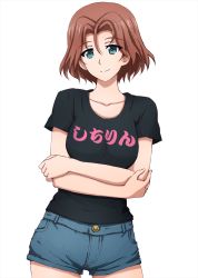 Rule 34 | 1girl, azumi (girls und panzer), black shirt, blue eyes, blue shorts, brown hair, casual, closed mouth, clothes writing, commentary, cowboy shot, crossed arms, denim, denim shorts, girls und panzer, highres, looking at viewer, omachi (slabco), parted bangs, shirt, short hair, short shorts, shorts, simple background, smile, solo, standing, t-shirt, translated, white background