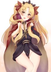 Rule 34 | 1girl, :o, ashino, bare legs, blush, cloak, collarbone, commentary request, earrings, ereshkigal (fate), fading, fate (series), feet out of frame, forehead, furrowed brow, gold earrings, gold trim, groin, hair ribbon, hands in hair, hands up, head tilt, highleg, highres, hood, hood down, hood pull, hooded cloak, jewelry, long hair, looking at viewer, mismatched eyebrows, open mouth, pale skin, parted bangs, red cloak, red eyes, red ribbon, ribbon, solo, thigh gap, tiara, wide hips, widow&#039;s peak, yellow eyes