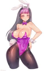Rule 34 | alternate costume, alternate hairstyle, animal ears, animal print, black hair, breasts, chamame, covered navel, cowboy shot, fake animal ears, han juri, hand on own hip, large breasts, leotard, long hair, pantyhose, parted lips, pink eyes, pink lips, playboy bunny, rabbit ears, smile, spider print, street fighter, white background, wrist cuffs