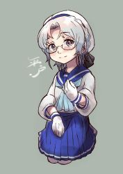 Rule 34 | 1girl, absurdres, blue neckerchief, blue ribbon, blue sailor collar, blue skirt, brown eyes, character name, commentary request, cropped legs, glasses, gloves, grey background, grey hair, hat, highres, hirato (kancolle), kantai collection, long sleeves, neckerchief, pleated skirt, ribbon, sadakuma, sailor collar, sailor hat, school uniform, serafuku, short hair, simple background, skirt, solo, wavy hair, white gloves, white hat