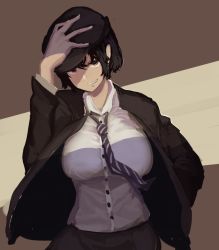 Rule 34 | 1girl, adjusting clothes, adjusting headwear, black hair, black jacket, blouse, breasts, cabbie hat, dress shirt, forbidden scrollery, hat, highres, jacket, kikimifukuri, large breasts, long sleeves, looking at viewer, necktie, one-hour drawing challenge, open clothes, open jacket, parted lips, pointy ears, red eyes, shameimaru aya, shameimaru aya (newsboy), shirt, short hair, smile, solo, striped necktie, striped neckwear, suit jacket, touhou, upper body, white shirt