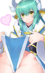 Rule 34 | 1girl, adjusting clothes, bad id, bad pixiv id, blush, bow, dabuki, fate/grand order, fate (series), green eyes, green hair, hair between eyes, hair ornament, heart, highres, horns, japanese clothes, kiyohime (fate), looking at viewer, no panties, sidelocks, smile, solo