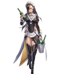 Rule 34 | 1girl, alcohol, alternate costume, ankle boots, black dress, black thighhighs, boots, bottle, breasts, bridal gauntlets, brown eyes, brown hair, bucket, closed mouth, cuboon, detached sleeves, dress, enmaided, female focus, fire emblem, fire emblem fates, fire emblem heroes, full body, glass bottle, hair over one eye, highres, holding, holding bottle, ice, kagero (fire emblem), large breasts, lips, long hair, maid, maid headdress, ninja, nintendo, official alternate costume, official art, puffy sleeves, shiny clothes, solo, standing, thighhighs, transparent background, turtleneck, wine, zettai ryouiki