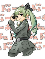 Rule 34 | 1girl, anchovy (girls und panzer), anzio military uniform, armband, belt, black belt, black ribbon, brown eyes, drill hair, girls und panzer, green hair, grin, hair ribbon, holding, long sleeves, looking at viewer, military, military uniform, nishikuromori, ribbon, riding crop, simple background, smile, solo, twin drills, twintails, uniform, v-shaped eyebrows, white background