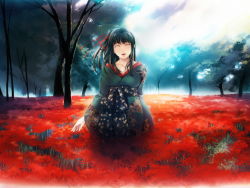 Rule 34 | 1girl, black hair, cartagra, closed eyes, facing viewer, field, flower, flower field, hair ribbon, japanese clothes, kimono, long hair, nature, open mouth, outdoors, ribbon, rin (cartagra), scenery, simosi, smile, solo, spider lily, tree, wallpaper, walpurgisnacht