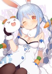 Rule 34 | 1girl, animal ear fluff, animal ears, bare shoulders, black gloves, black leotard, blue hair, bow, braid, breasts, brown eyes, brown pantyhose, carrot hair ornament, commentary request, detached sleeves, don-chan (usada pekora), dress, food-themed hair ornament, fur-trimmed dress, fur-trimmed gloves, fur trim, gloves, hair between eyes, hair bow, hair ornament, hand up, highres, hololive, leotard, long hair, muku (muku-coffee), multicolored hair, pantyhose, pekomon (usada pekora), puffy short sleeves, puffy sleeves, rabbit ears, short eyebrows, short sleeves, small breasts, strapless, strapless dress, strapless leotard, thick eyebrows, twin braids, twintails, two-tone hair, usada pekora, usada pekora (1st costume), very long hair, virtual youtuber, white bow, white dress, white hair, white sleeves