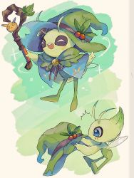 Rule 34 | antennae, black ribbon, blue eyes, capelet, celebi, closed eyes, clothed pokemon, creatures (company), game freak, gen 2 pokemon, green headwear, hanenbo, happy, hat, highres, holding, holding clothes, holding hat, holding wand, legendary pokemon, mythical pokemon, nintendo, no humans, open mouth, outstretched arms, poke ball theme, pokemon, pokemon (creature), ribbon, teeth, unworn hat, unworn headwear, upper teeth only, wand, wings, witch hat
