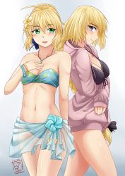 Rule 34 | 2girls, ahoge, artoria pendragon (all), artoria pendragon (fate), bad id, bad pixiv id, bandeau, bikini, bikini under clothes, blonde hair, blue eyes, blush, breast lift, breasts, cleavage, fate/apocrypha, fate/stay night, fate (series), from side, front-tie top, green eyes, groin, hand on own chest, jeanne d&#039;arc (fate), jeanne d&#039;arc (ruler) (fate), jeanne d&#039;arc (white cruising) (fate), jewelry, medium breasts, multiple girls, navel, necklace, official alternate costume, purple eyes, saber (fate), saber (resort vacances) (fate), sleeves past wrists, small breasts, smile, swimsuit, swimsuit under clothes, thealagator, thighs