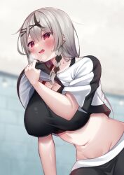 Rule 34 | 1girl, 85neko, black hair, black undershirt, blush, braid, breasts, clothes lift, crop top, crop top overhang, ear piercing, grey hair, hair ornament, hairpin, hololive, hololive dance practice uniform, large breasts, lifted by self, long hair, looking at viewer, multicolored hair, navel, official alternate costume, open mouth, piercing, red hair, sakamata chloe, shirt lift, single braid, streaked hair, virtual youtuber, x hair ornament