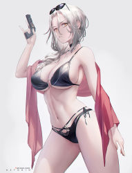 Rule 34 | 1girl, arm at side, artist name, aztodio, bare shoulders, bikini, black-framed eyewear, black bikini, black choker, black ribbon, braid, breasts, carmilla (fate), carmilla (swimsuit rider) (fate), carmilla (swimsuit rider) (third ascension) (fate), choker, cleavage, commentary, cowboy shot, earrings, english commentary, eyewear on head, fate/grand order, fate (series), gun, hair between eyes, highres, holding, holding gun, holding weapon, jewelry, large breasts, long hair, looking at viewer, navel, orange eyes, parted lips, ribbon, serious, shawl, side-tie bikini bottom, silver hair, single braid, solo, stomach, sunglasses, swimsuit, thighs, trigger discipline, underboob, weapon, weapon request