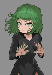 Rule 34 | 1girl, black dress, breasts, closed mouth, collarbone, cowboy shot, dress, green eyes, green hair, grey background, highres, long sleeves, looking at viewer, medium hair, mogglebear, one-punch man, simple background, small breasts, solo, tatsumaki