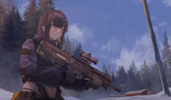 Rule 34 | 1girl, absurdres, aegisfate, assault rifle, blush, braid, brown hair, bullpup, commentary, english commentary, gloves, gun, highres, holding, holding gun, holding weapon, iwi tavor, midriff, muzzle device, original, outdoors, rifle, scenery, scope, sky, snow, solo, tree, weapon, yellow eyes