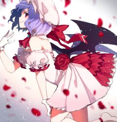 Rule 34 | 1girl, bare shoulders, bat wings, brooch, ascot, detached collar, dress, fang, fang out, gloves, highres, jewelry, kneeling, leaning forward, light purple hair, petals, pink dress, profile, red eyes, red ribbon, remilia scarlet, ribbon, rose petals, shibuki kamone, smile, solo, touhou, white gloves, wings