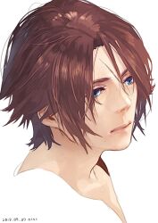 Rule 34 | 1boy, adam&#039;s apple, blue eyes, brown hair, expressionless, final fantasy, final fantasy viii, headshot, highres, looking to the side, male focus, nini tw99, parted bangs, scar, scar on face, scar on forehead, short hair, simple background, solo, squall leonhart, white background