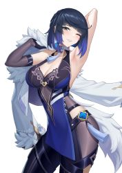 Rule 34 | 1girl, absurdres, arm behind head, arm up, armpits, bead choker, black gloves, black hair, blue hair, breasts, chinese clothes, choker, cleavage, coat, contrapposto, covered navel, detached sleeves, diagonal bangs, dice, fur-trimmed coat, fur coat, fur trim, genshin impact, gloves, green eyes, highres, hip vent, holding, holding clothes, holding coat, kurosara, large breasts, lips, looking at viewer, one eye closed, parted lips, short hair, simple background, solo, tassel, vision (genshin impact), white background, yelan (genshin impact)