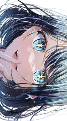 Rule 34 | 1girl, :d, blue eyes, blue hair, chromatic aberration, close-up, commentary, finger to mouth, floating hair, highres, kurokawa akane, looking at viewer, mahiru yura, medium hair, open mouth, oshi no ko, portrait, shadow, sidelocks, sideways, simple background, smile, solo, sparkle, star-shaped pupils, star (symbol), swept bangs, symbol-shaped pupils, teeth, twitter username, upper teeth only, white background