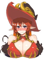 Rule 34 | 1girl, absurdres, bad id, bad pixiv id, bare shoulders, black eyes, blush, breasts, cleavage, cleavage cutout, closed mouth, clothing cutout, dungeon and fighter, hat, heart, heart-shaped pupils, highres, huge breasts, long hair, looking at viewer, nose blush, pointy ears, purple eyes, red hair, sni (qkrrjsdn03), solo, symbol-shaped pupils, transcendent nornil, upper body, white background, witch hat