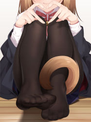 Rule 34 | 1girl, absurdres, bell, black jacket, black pantyhose, blue skirt, bow, bowtie, brown hair, cat tail, closed mouth, feet, haiba 09, head out of frame, heart, heart hands, highres, indoors, jacket, jingle bell, knees up, legs, long hair, long sleeves, neck bell, nekoseki rion (haiba 09), no shoes, off shoulder, on floor, open clothes, open jacket, original, pantyhose, pleated skirt, red bow, red bowtie, shirt, simple background, sitting, skirt, smile, solo, tail, white background, white shirt, wooden floor