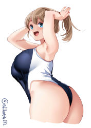 Rule 34 | 1girl, alternate costume, ass, back, blue eyes, blue one-piece swimsuit, blush, breasts, brown hair, comb, competition swimsuit, cowboy shot, ebifurya, hair between eyes, highres, intrepid (kancolle), kantai collection, large breasts, looking at viewer, looking back, looking to the side, one-piece swimsuit, open mouth, ponytail, short hair, simple background, solo, swimsuit, twisted torso, twitter username, white background