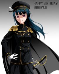 Rule 34 | 1girl, 2018, belt, black cape, black feathers, black hat, black jacket, black pants, blue hair, buttons, cape, commentary request, cowboy shot, dated, double-breasted, epaulettes, feathers, floating hair, gloves, gold trim, gradient background, hand on own hip, happy birthday, hat, hat feather, highres, holding, holding sword, holding weapon, jacket, long hair, looking at viewer, loose belt, love live!, love live! school idol festival, love live! sunshine!!, makkuri (mako2025), military, military uniform, pants, red eyes, sheath, sheathed, smile, solo, standing, sword, tsushima yoshiko, uniform, weapon, white feathers, white gloves
