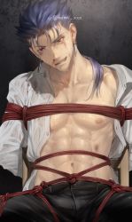 Rule 34 | 1boy, abs, arms behind back, bdsm, black pants, blood, blood on face, bondage, bound, collarbone, commentary, cowboy shot, cu chulainn (fate), cu chulainn (fate/stay night), earrings, fate/stay night, fate (series), highres, jewelry, looking at viewer, male focus, mondi hl, navel, nipples, open clothes, open shirt, pants, red eyes, rope, shibari, shirt, solo, symbol-only commentary, white shirt