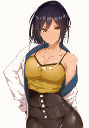 Rule 34 | 1girl, bare shoulders, black hair, black pants, blush, breasts, buttons, camisole, cleavage, closed mouth, collarbone, commentary request, earrings, hair between eyes, idolmaster, idolmaster shiny colors, jacket, jewelry, large breasts, long hair, looking at viewer, necklace, off shoulder, open clothes, open jacket, pants, ponytail, shirase sakuya, simple background, smile, solo, tokiwa midori (kyokutou funamushi), white background, white jacket, yellow camisole, yellow eyes