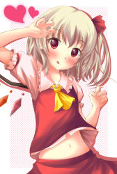 Rule 34 | 1girl, ascot, blonde hair, blush, flandre scarlet, hair ribbon, heart, highres, licking lips, looking at viewer, midriff, navel, neats, puffy sleeves, red eyes, ribbon, shirt, short sleeves, skirt, skirt set, smile, solo, tongue, tongue out, touhou, vest, wings