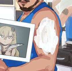 Rule 34 | 1boy, 1girl, animal, beard, black choker, black tank top, blonde hair, blue tank top, bright pupils, brown hair, choker, closed mouth, collarbone, cosplay, facial hair, fish, foam, from side, frown, gold necklace, green eyes, head out of frame, highres, holding, holding animal, holding fish, insect hair ornament, jewelry, lara croft, lara croft (cosplay), long hair, looking at viewer, matangom, matangomu-chan, necklace, open mouth, original, parody, photo-referenced, photo (object), pillbug, pose request, reference request, sanpaku, serious, tank top, tomb raider, v-shaped eyebrows, white pupils, x arms