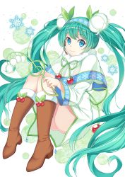 Rule 34 | 1girl, blue eyes, boots, brown footwear, capelet, chobi (penguin paradise), flower, full body, fur trim, green hair, hairband, hatsune miku, headset, holding, knee boots, knees up, lily of the valley, long hair, long sleeves, looking at viewer, smile, snowflake print, snowflakes, solo, treble clef, twintails, very long hair, vocaloid, yuki miku