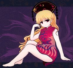 Rule 34 | 1girl, barefoot, black border, black hat, blonde hair, border, breasts, china dress, chinese clothes, closed mouth, crescent, dress, hair between eyes, hand up, hat, highres, junko (touhou), long hair, looking to the side, medium breasts, phoenix crown, pom pom (clothes), purple background, red dress, red eyes, rei (tonbo0430), sitting, sleeveless, solo, touhou