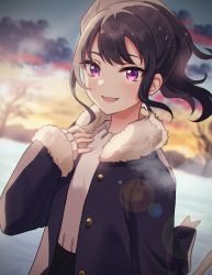 Rule 34 | 1girl, :d, bare tree, black hair, black jacket, black skirt, blurry, blurry background, blush, cloud, cloudy sky, commentary request, depth of field, emu (emum), fur-trimmed jacket, fur-trimmed sleeves, fur trim, hand up, highres, jacket, long sleeves, looking at viewer, open clothes, open jacket, open mouth, original, outdoors, ponytail, purple eyes, shirt, sidelocks, skirt, sky, sleeves past wrists, smile, snow, solo, sunset, tree, white shirt