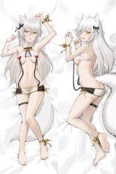 Rule 34 | 1girl, :d, absurdres, aliway (vtuber), animal ears, ankle ribbon, armpit crease, armpits, arms up, ass, barefoot, bed sheet, black bow, bow, breasts, commentary, crossed bangs, dakimakura (medium), dog girl, dog tail, english commentary, eyelashes, eyeliner, feet, from above, full body, gluteal fold, gold trim, grey hair, hair between eyes, hands up, highres, indie virtual youtuber, knees together feet apart, leg ribbon, legs, long hair, looking at viewer, lower teeth only, lying, makeup, medium breasts, microskirt, multiple views, nail polish, navel, on back, on side, open mouth, orange nails, ribbon, second-party source, sedai, shadow, sidelocks, skindentation, skirt, smile, soles, stomach, suspender skirt, suspenders, tail, teeth, thigh gap, thigh strap, toenail polish, toenails, toes, underboob, virtual youtuber, yellow eyes