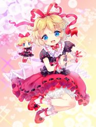Rule 34 | 1girl, amo (shibu3), blonde hair, bloomers, blue eyes, blush, bow, bowtie, fairy, frilled skirt, frills, full body, gradient background, hair ornament, hair ribbon, heart, heart hands, highres, looking at viewer, medicine melancholy, open mouth, pink socks, puffy sleeves, ribbon, shirt, shoes, short hair, short sleeves, skirt, socks, solo, su-san, touhou, underwear, upskirt, white socks