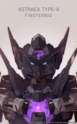 Rule 34 | absurdres, azzalea, beige background, blue eyes, character name, commentary, english commentary, gundam, gundam 00, gundam astraea type-x finsternis, highres, mecha, mobile suit, no humans, portrait, robot, science fiction, solo, v-fin