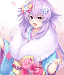 Rule 34 | adult neptune, artwre331, blue kimono, breasts, furisode, hair ornament, hairclip, highres, japanese clothes, kimono, large breasts, long hair, neptune (neptunia), neptune (series), new year, open mouth, purple eyes, purple hair, ribbon, seshiro (which501)