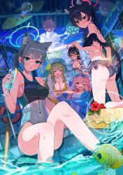 Rule 34 | 5girls, :d, animal ear fluff, animal ears, aqua eyes, ass, ayane (blue archive), ayane (swimsuit) (blue archive), back, bare legs, bent over, bikini, black bikini, black hair, blue archive, blue bikini, blue sky, blush, breasts, brown hair, bubble, cleavage, closed eyes, closed mouth, cloud, commentary request, competition swimsuit, covered navel, cup, day, drinking straw, eyewear on head, fish, flower, food, frilled bikini, frills, fruit, glasses, grey hair, hair between eyes, halo, hat, hat flower, heart, heart-shaped eyewear, highres, holding, holding cup, hoshino (blue archive), hoshino (swimsuit) (blue archive), jacket, kneeling, large breasts, lemon, lemon slice, long hair, looking at viewer, medium breasts, medium hair, multiple girls, nonomi (blue archive), nonomi (swimsuit) (blue archive), one-piece swimsuit, one eye closed, open mouth, outdoors, pink hair, pointy ears, ponytail, red eyes, sakatsuki yakumo, serika (blue archive), serika (swimsuit) (blue archive), shiroko (blue archive), shiroko (swimsuit) (blue archive), sidelocks, sitting, sky, smile, summer, sun hat, sunglasses, swimsuit, v-shaped eyebrows, very long hair, wet, white jacket, wind chime, yellow bikini
