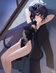 Rule 34 | 1girl, 82jhin, absurdres, ahoge, armpits, arms behind head, arms up, bare arms, bare shoulders, black dress, black hair, blue archive, blue eyes, blush, breasts, butterfly hair ornament, china dress, chinese clothes, closed mouth, coat, commentary request, dragon print, dress, hair bun, hair ornament, halo, highleg, highres, indoors, jacket, kisaki (blue archive), korean commentary, long hair, looking at viewer, mixed-language commentary, partial commentary, pelvic curtain, pinstripe jacket, pinstripe pattern, print dress, rain, sleeveless, sleeveless dress, small breasts, solo, striped clothes, striped coat, striped jacket, thighs, twintails, vertical-striped clothes, vertical-striped coat, vertical-striped jacket, very long hair, water drop, window
