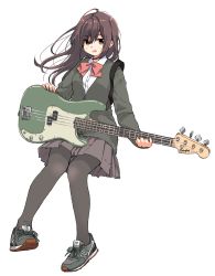 Rule 34 | 1girl, bass guitar, bow, brown eyes, brown hair, commentary request, full body, highres, holding, holding instrument, instrument, long hair, matsuda hikari, original, pantyhose, pleated skirt, fender precision bass, school uniform, shoes, skirt, sneakers, solo, sweater, white background