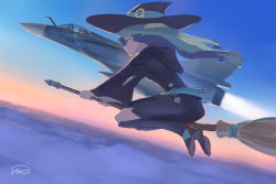 Rule 34 | 10s, 1girl, afterburner, aircraft, airplane, aqua eyes, aqua hair, boots, broom, broom riding, cloud, diana cavendish, dutch angle, fighter jet, fighterman, flying, hat, highres, jet, little witch academia, long hair, military, military vehicle, mirage 2000, pilot, profile, school uniform, sky, solo, twilight, vehicle focus, wind, witch, witch hat