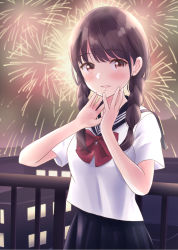 Rule 34 | 1girl, aerial fireworks, black sailor collar, black skirt, blurry, blurry background, blush, bow, braid, brown eyes, brown hair, cityscape, commentary request, fireworks, hair over shoulder, hands up, highres, long hair, looking at viewer, night, night sky, original, outdoors, parted lips, pleated skirt, railing, red bow, sailor collar, school uniform, serafuku, shirt, short sleeves, skirt, sky, solo, twin braids, twintails, white shirt, yukimaru217