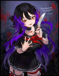 Rule 34 | 1girl, absurdres, black border, black hair, black nails, black serafuku, black shirt, black skirt, blouse, border, bow, breasts, choker, commission, fingerless gloves, fishnets, gloves, highres, holding, holding knife, knife, letterboxed, long hair, looking at viewer, makita (vector1525), multicolored hair, nail polish, original, pillarboxed, purple hair, red nails, school uniform, second-party source, serafuku, shirt, short sleeves, skirt, solo, two-tone hair, uneven eyes, very long hair, virtual youtuber, yandere
