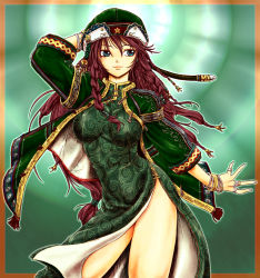 Rule 34 | 1girl, alternate costume, arm up, bare legs, blue eyes, bracelet, braid, breasts, chinese clothes, colorized, female focus, hat, highres, hong meiling, jewelry, ledjoker07, lips, long hair, red hair, ring, side slit, simple background, solo, touhou, twin braids, very long hair