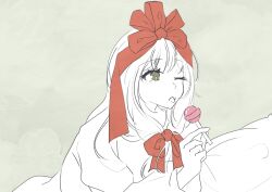 Rule 34 | 1girl, bow, byahap, candy, food, front ponytail, green eyes, grey background, hair bow, hair ribbon, holding, holding candy, holding food, holding lollipop, kagiyama hina, lollipop, monochrome, one eye closed, open mouth, puffy sleeves, red bow, red ribbon, ribbon, solo, spot color, tongue, tongue out, touhou, upper body