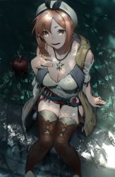 Rule 34 | 1girl, :d, absurdres, apple, atelier (series), atelier ryza, atelier ryza 1, belt, breasts, brown eyes, brown hair, brown thighhighs, cleavage, commentary request, elixir, flask, food, fruit, hat, highres, huge filesize, jewelry, knees together feet apart, looking at viewer, medium breasts, midriff, namusan1146, navel, necklace, night, open mouth, outdoors, potion, red shorts, reisalin stout, short hair, short shorts, shorts, sitting, smile, solo, star (symbol), teeth, thighhighs, thighs, utility belt, white hat, white thighhighs