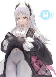 Rule 34 | 1girl, ark bone, arknights, black gloves, black jacket, blush, capelet, closed mouth, clothes lift, commentary request, gloves, grey eyes, grey hair, groin, irene (arknights), jacket, lifting own clothes, long hair, long sleeves, looking at viewer, navel, pantyhose, puffy long sleeves, puffy sleeves, simple background, skirt, skirt lift, solo, thick eyebrows, very long hair, white background, white capelet, white pantyhose, white skirt