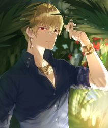 Rule 34 | 1boy, absurdres, blonde hair, blue shirt, blurry, blurry background, bracelet, checkered sleeves, closed mouth, collarbone, collared shirt, commentary, day, depth of field, earrings, fate/grand order, fate (series), gilgamesh (establishment) (fate), gilgamesh (fate), hand up, highres, jewelry, kanniiepan, looking at viewer, male focus, necklace, official alternate costume, outdoors, plant, red eyes, shirt, short sleeves, smile, solo, upper body