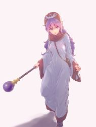 Rule 34 | 1girl, breasts, commentary request, curly hair, dragon quest, dragon quest ii, dress, hat, highres, hood, hood up, long hair, long sleeves, open mouth, princess, princess of moonbrook, purple eyes, purple hair, robe, simple background, solo, square enix, staff, tamago tomato, weapon, white background, white robe