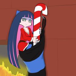Rule 34 | 10s, 1girl, blue hair, blue nails, bow, breasts, candy, candy cane, christmas, cleavage, colored inner hair, drawfag, fire, fireplace, food, hair bow, highres, holding, holding candy, holding candy cane, holding food, jadf, long hair, medium breasts, mini person, minigirl, multicolored hair, nail polish, name connection, non-web source, object namesake, official style, panty &amp; stocking with garterbelt, pink hair, pun, santa costume, solo, stocking (psg), striped clothes, striped thighhighs, thighhighs, two-tone hair, very long hair