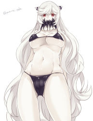 Rule 34 | 10s, 1girl, abyssal ship, bikini, black bikini, breasts, cameltoe, cleavage, colored skin, covered mouth, covered erect nipples, horns, kantai collection, large breasts, long hair, looking at viewer, maruki (punchiki), micro bikini, midway princess, navel, red eyes, simple background, solo, swimsuit, twitter username, very long hair, white background, white hair, white skin