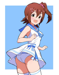 Rule 34 | 1girl, absurdres, ass, blue background, blue neckerchief, blue sailor collar, breasts, brown hair, commentary request, commission, dress, hair between eyes, hair ornament, hairclip, highres, idolmaster, idolmaster million live!, kasuga mirai, light blush, looking at viewer, looking back, neckerchief, nejime (nejimeinu), official alternate costume, one-piece swimsuit, open mouth, pink scrunchie, sailor collar, sailor one-piece swimsuit, sailor swimsuit (idolmaster), scrunchie, side ponytail, sidelocks, skeb commission, sleeveless, small breasts, smile, solo, swimsuit, thighhighs, thighs, white dress, yellow eyes